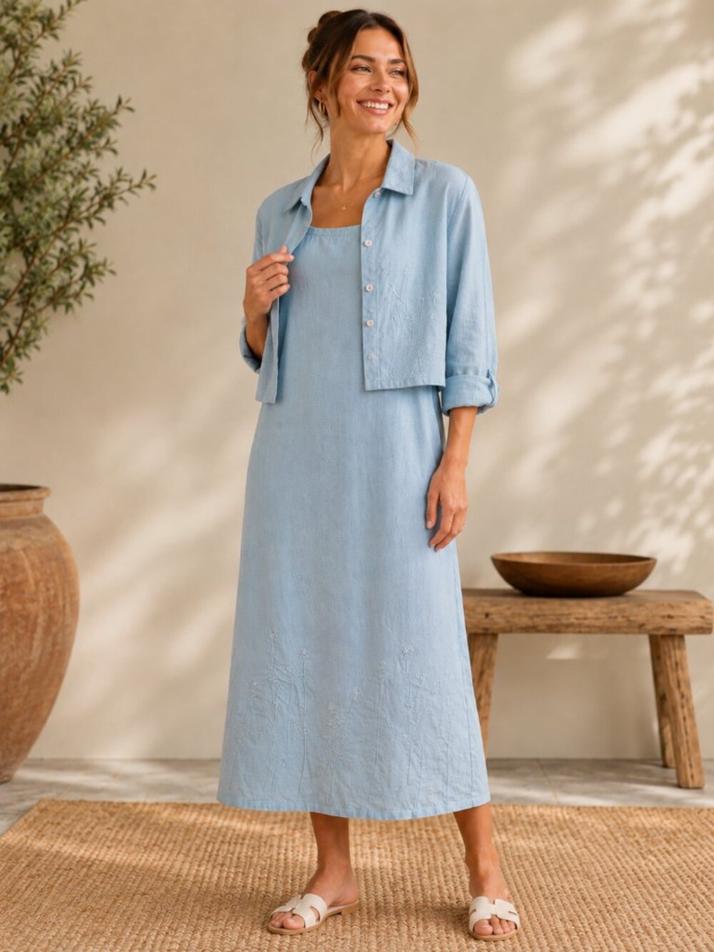 Vintage Embroidered Light Blue Linen Cotton Blend Midi Shift Dress and Overshirt